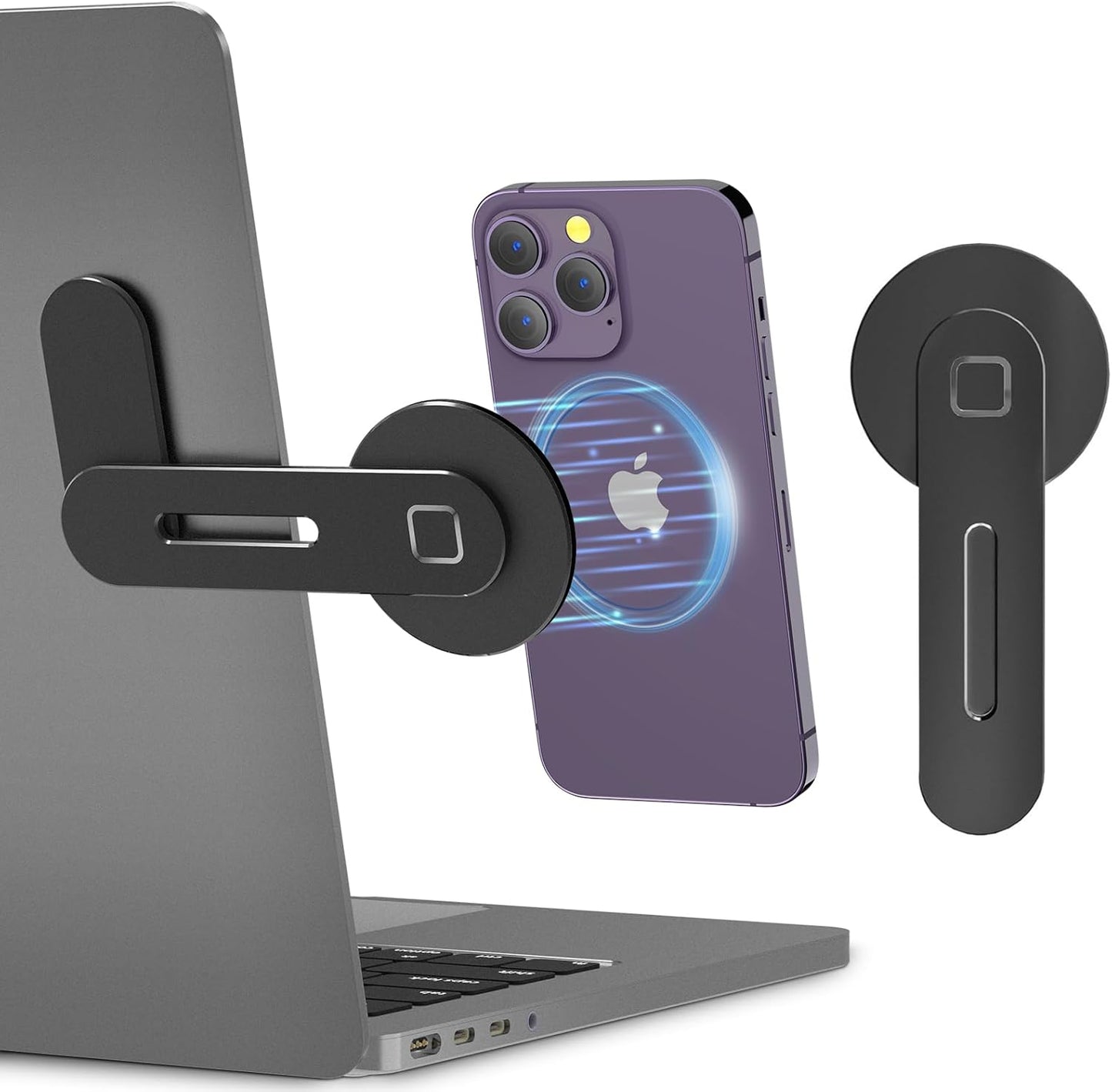 CloudValley Adjustable Laptop Stand, Magnetic Phone Holder, Aluminum Slim Computer Monitor Side Mount Clip for iPhone MagSafe Series & All Phones, Portable Foldable Computer Expansion Bracket, Black