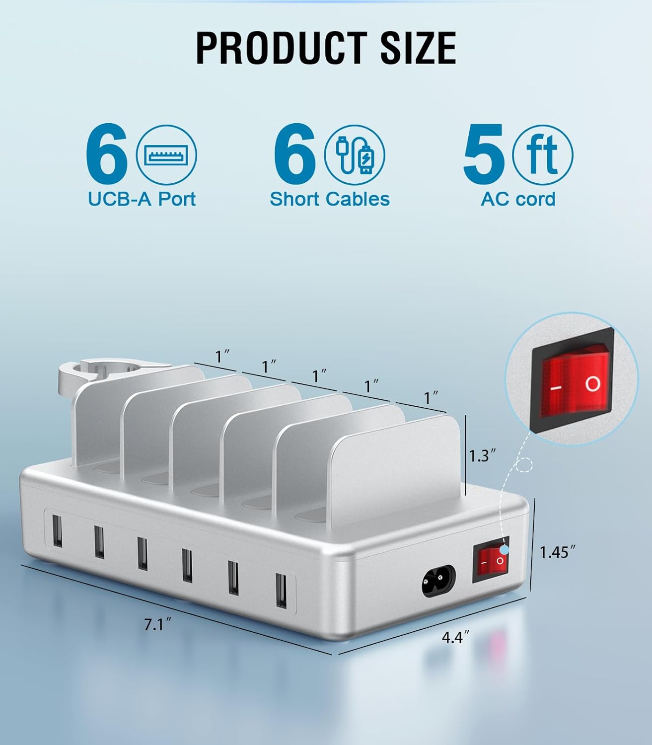 CREATIVE DESIGN Charging Station for Multiple Devices, 50W 6 Ports Charging Dock with 6 Cables Compatible with Cellphone,Tablet, Kindle, Apple Watch and Other Electronic