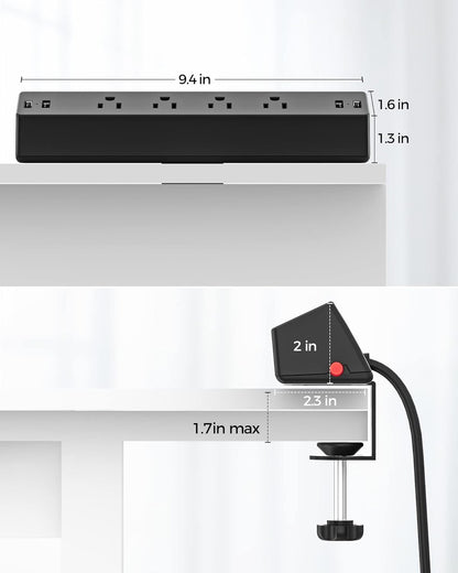 Desk Clamp Power Strip, Flat Plug Fast Charging Station, Desk Mount Surge Protector with PD 20W USB C Ports, Fit 1.7 inch Tabletop Edge Thick, Desktop Outlets for Home Office.