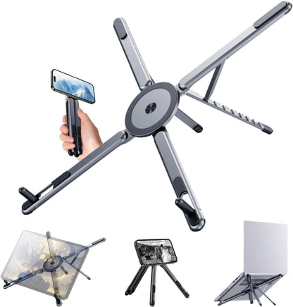 Multi-Device Magnetic Stand Compatible with Magsafe, Foldable Aluminum Alloy, 3-in-1 Laptop/Tablet/Phone Holder, Supports Handheld or Desktop Mode, Portable Travel Design, Gray