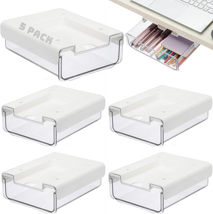 RHBLME 5 Pack Under Desk Drawer, Under Shelf Drawers Slide Out Self-Adhesive Standing Desk Drawer Attachment, Plastic Workspace Organizers for Office Home School