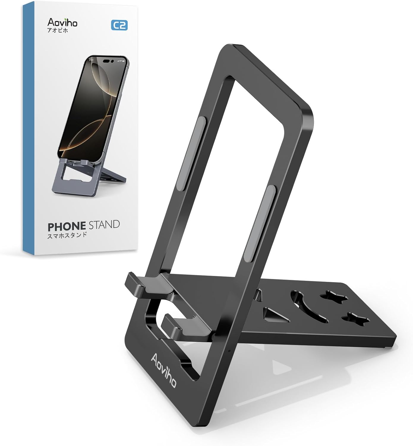 Aoviho Phone Stand for Desk, Ultra-Thin Foldable Aluminum Phone Holder, Portable Travel & Office Cell Phone Stand Compatible with iPhone 17 16 15 14 13 12 Pro Max, Fits 3.7"-7" Devices, Black