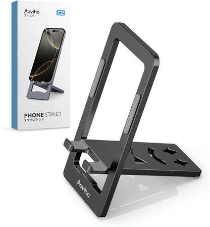 Aoviho Phone Stand for Desk, Ultra-Thin Foldable Aluminum Phone Holder, Portable Travel & Office Cell Phone Stand Compatible with iPhone 17 16 15 14 13 12 Pro Max, Fits 3.7"-7" Devices, Black