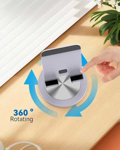 Phone Stand for Desk, 360° Rotating Dual Adjustable Foldable Holder, Heavy Solid All-Aluminum Base Anti-Slip Stable Support for Home Office Study, Fits iPhone Galaxy 4-8" Phones (Silver)