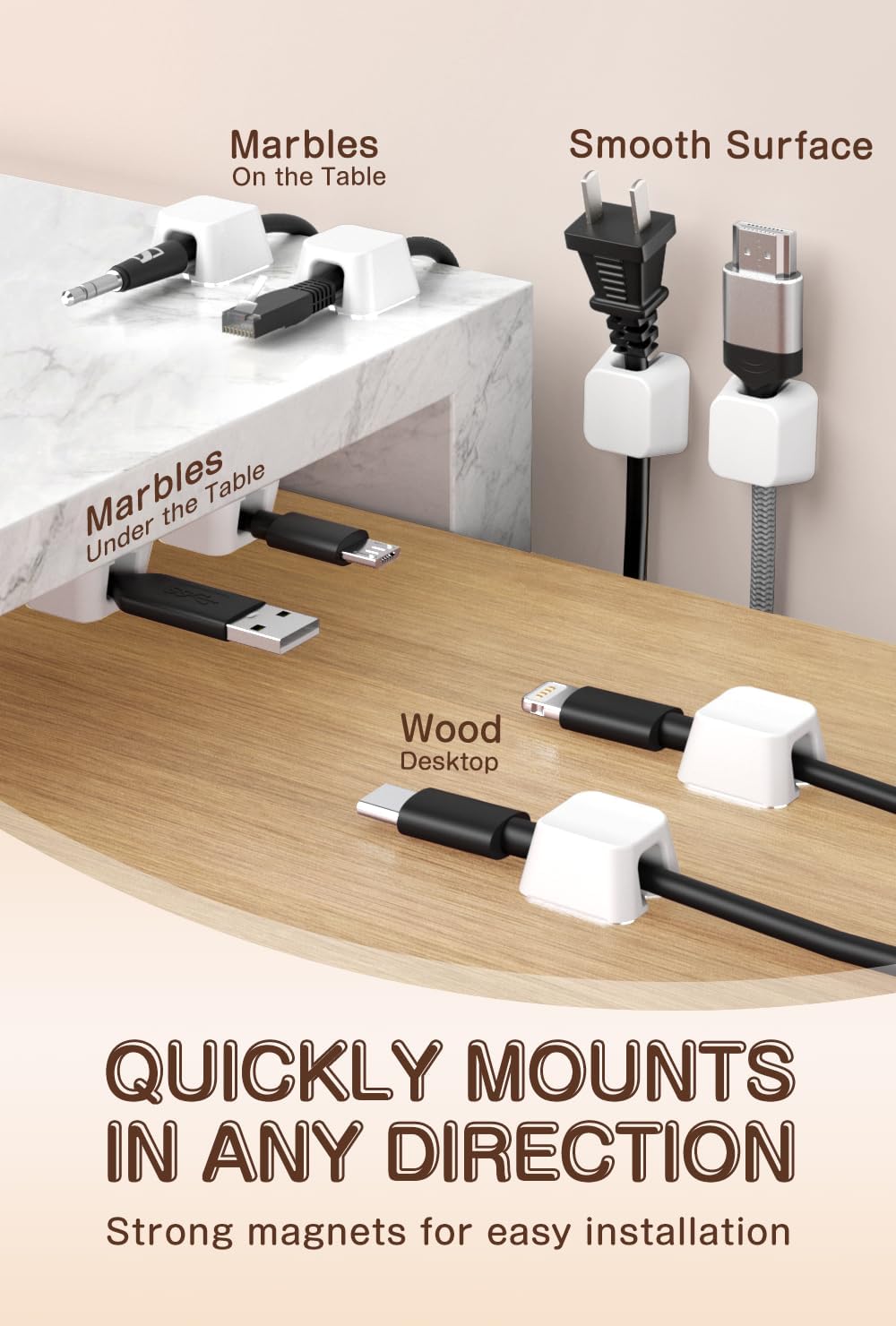 Maveek Magnetic Cord Holders, 5 Pack Silicone Magnet Cable Clips with Metal Plates, Standing Desk Wire Organizer for USB Charging Cables, Nightstand, Car, Metal Surface (Small, White)