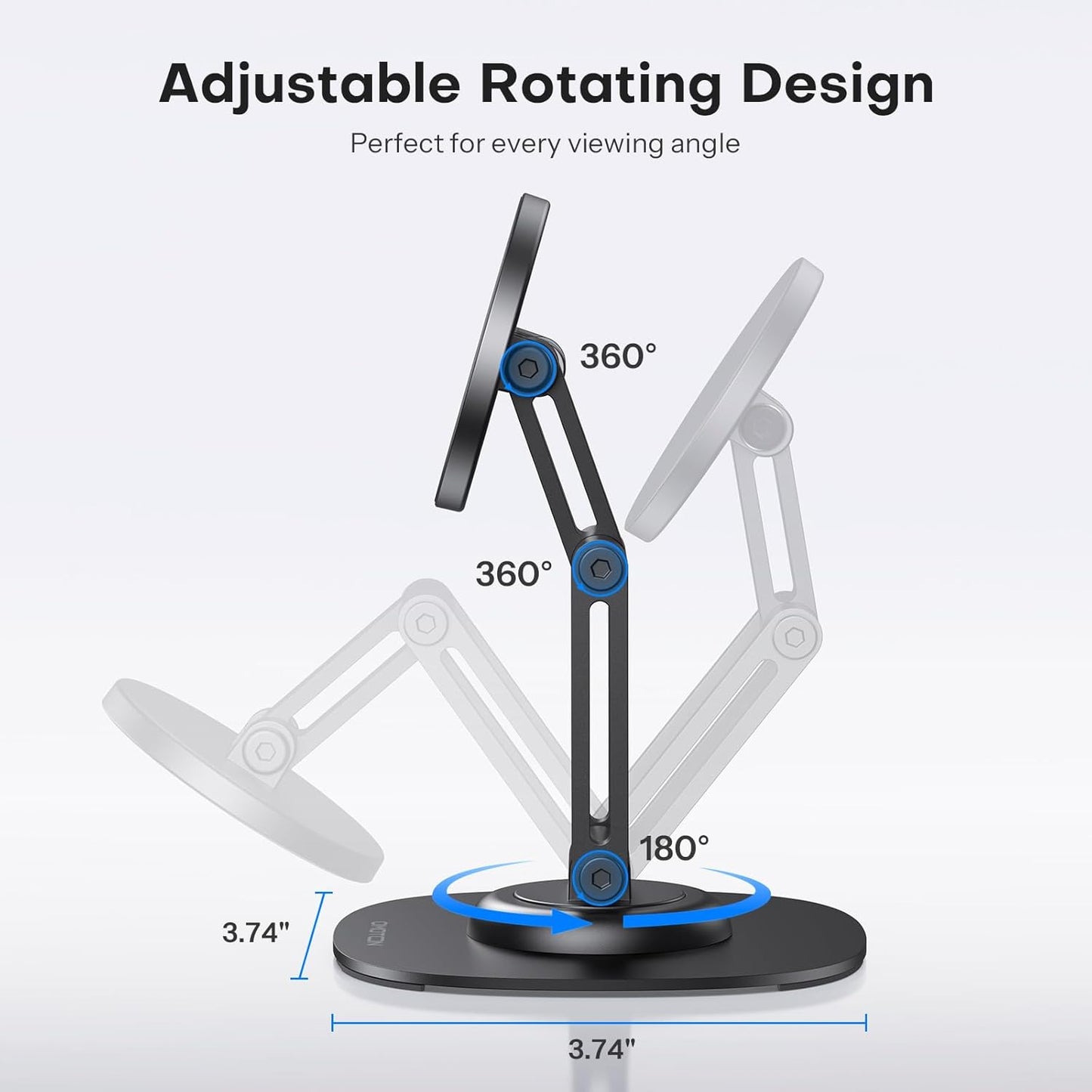 OMOTON 360°Rotating MS04 Magnetic Phone Stand for Desk, Adjustable Foldable Aluminum for MagSafe Cell Phone Stand Holder with Non-Slip Base, for iPhone 17/16/15/14 Pro Max Air, Black