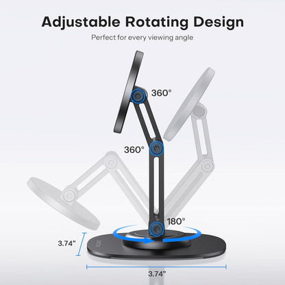 OMOTON 360°Rotating MS04 Magnetic Phone Stand for Desk, Adjustable Foldable Aluminum for MagSafe Cell Phone Stand Holder with Non-Slip Base, for iPhone 17/16/15/14 Pro Max Air, Black