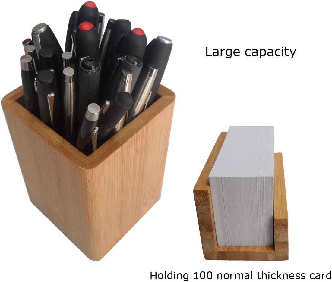 Enyuwlcm Bamboo Wooden Pen Holder Cup and Desk Business Card Holder Stand for Office Home School 2 Packs