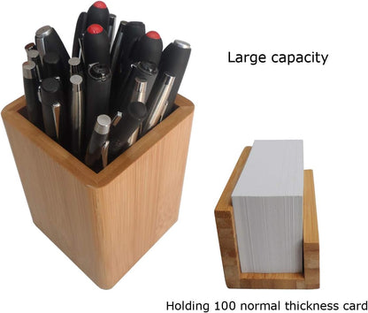 Enyuwlcm Bamboo Wooden Pen Holder Cup and Desk Business Card Holder Stand for Office Home School 2 Packs