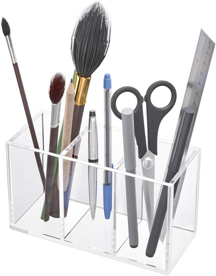 NIUBEE Acrylic Pen Holder 4 Compartments, Clear Pencil Organizer Cup for Countertop Desk Accessory Storage