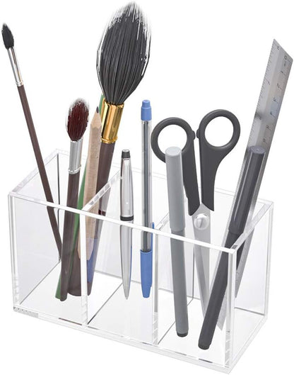 NIUBEE Acrylic Pen Holder 4 Compartments, Clear Pencil Organizer Cup for Countertop Desk Accessory Storage