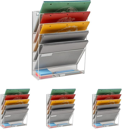 Mind Reader 5-Pocket Vertical File Storage, Desktop Organizer, Wall Mount, Office, Metal Mesh, Pink