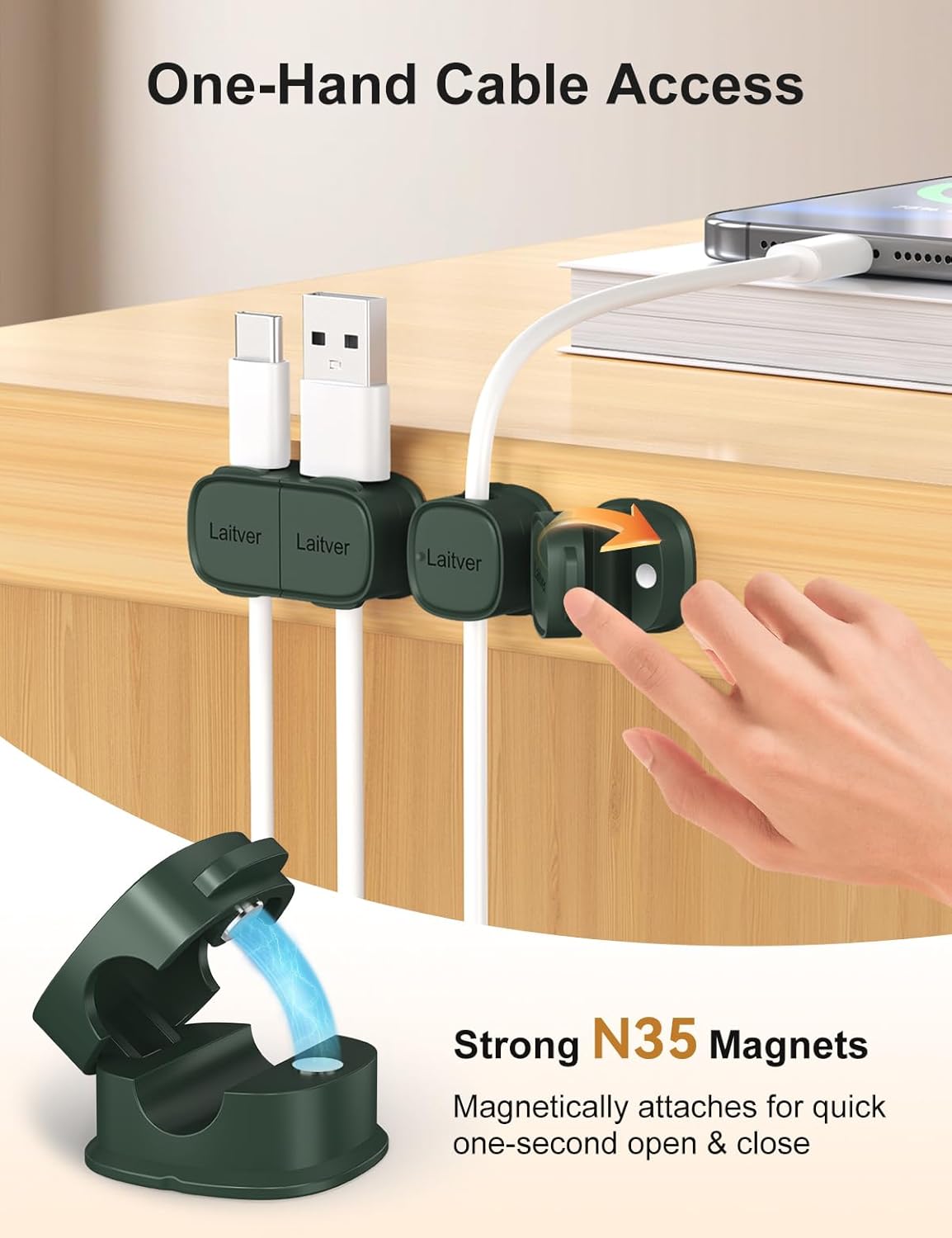 6 Pack Magnetic Cable Clips [1s Open/Lock], Laitver Cord Organizer Holder Strong Adhesive Desk Cable Management- Organize Charging Cords Neatly for Home, Office, Car,Desk, Nightstand