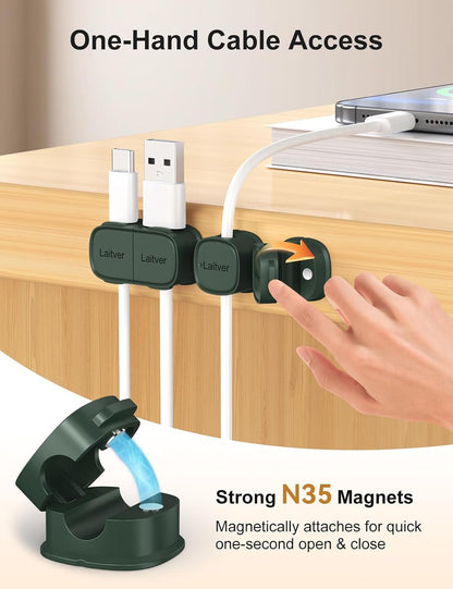 6 Pack Magnetic Cable Clips [1s Open/Lock], Laitver Cord Organizer Holder Strong Adhesive Desk Cable Management- Organize Charging Cords Neatly for Home, Office, Car,Desk, Nightstand