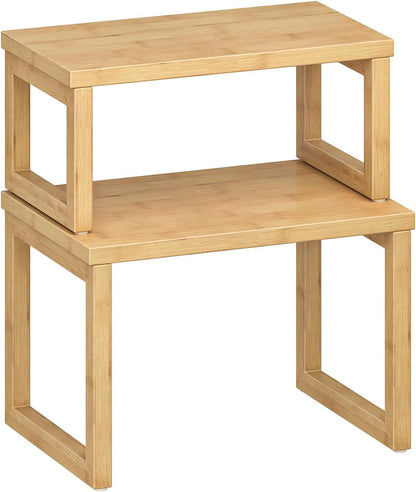HOOBRO Cabinet Organizer Shelf, Set of 2 Kitchen Counter Shelves, Expandable Kitchen Storage, Stackable Bamboo Spice Rack, for Kitchen, Countertop, Office Desk, Living Room, Mocha MA20TL01