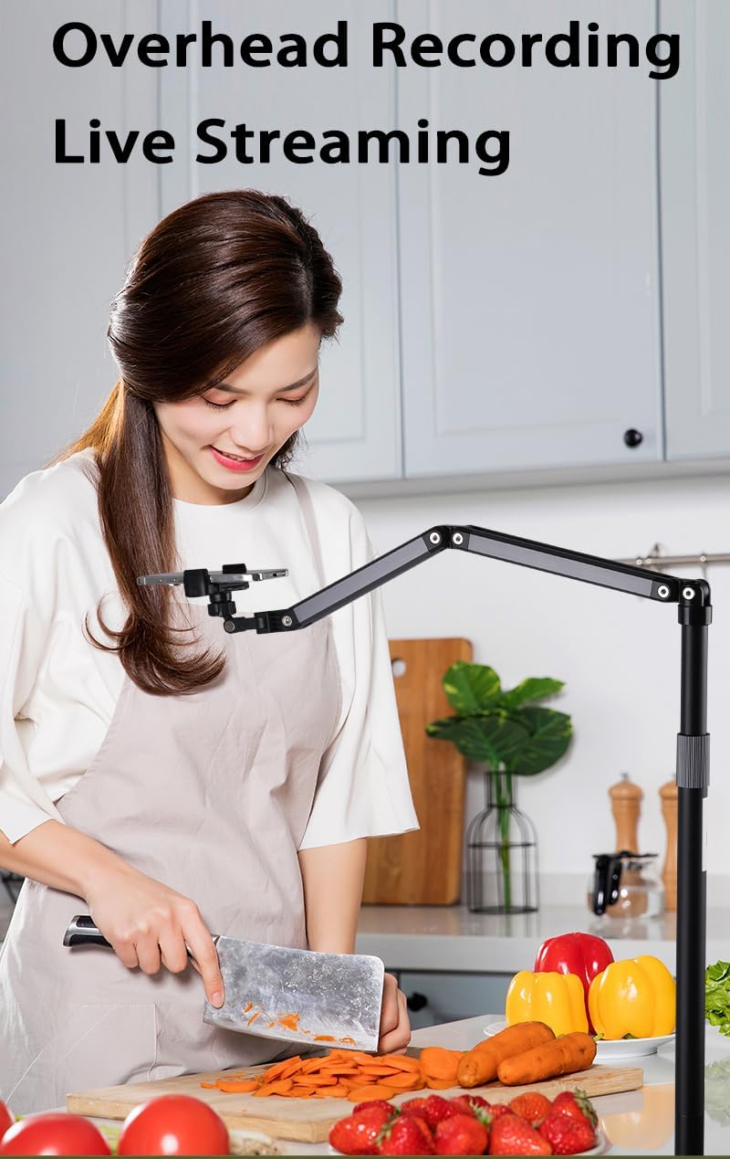 Heavy Duty Overhead Phone Stand for Desk Video Recording for iPhone Holder, with Extension Arm, 360° Swivel, for Filming, Meeting, Cooking, Painting and Crafting