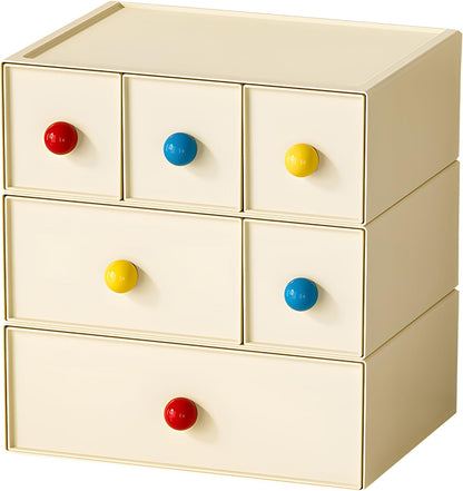Desktop Storage Drawers, Plastic Desk Organizer with 3 Drawers, Modular Stackable Toolbox Units for Office Stationary, Makeup Container, Bathroom Countertop (1 Tall Layer, Cream & Clear)