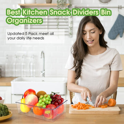 ZIZOTI Snack Organizer for Pantry Shelf, 6 Pack Clear Plastic Pantry Storage Bins with 3 Dividers for Snacks, Spices, Chips Food Organizer, Stackable Pantry Organizers for Kitchen, Fridge, Cabinet