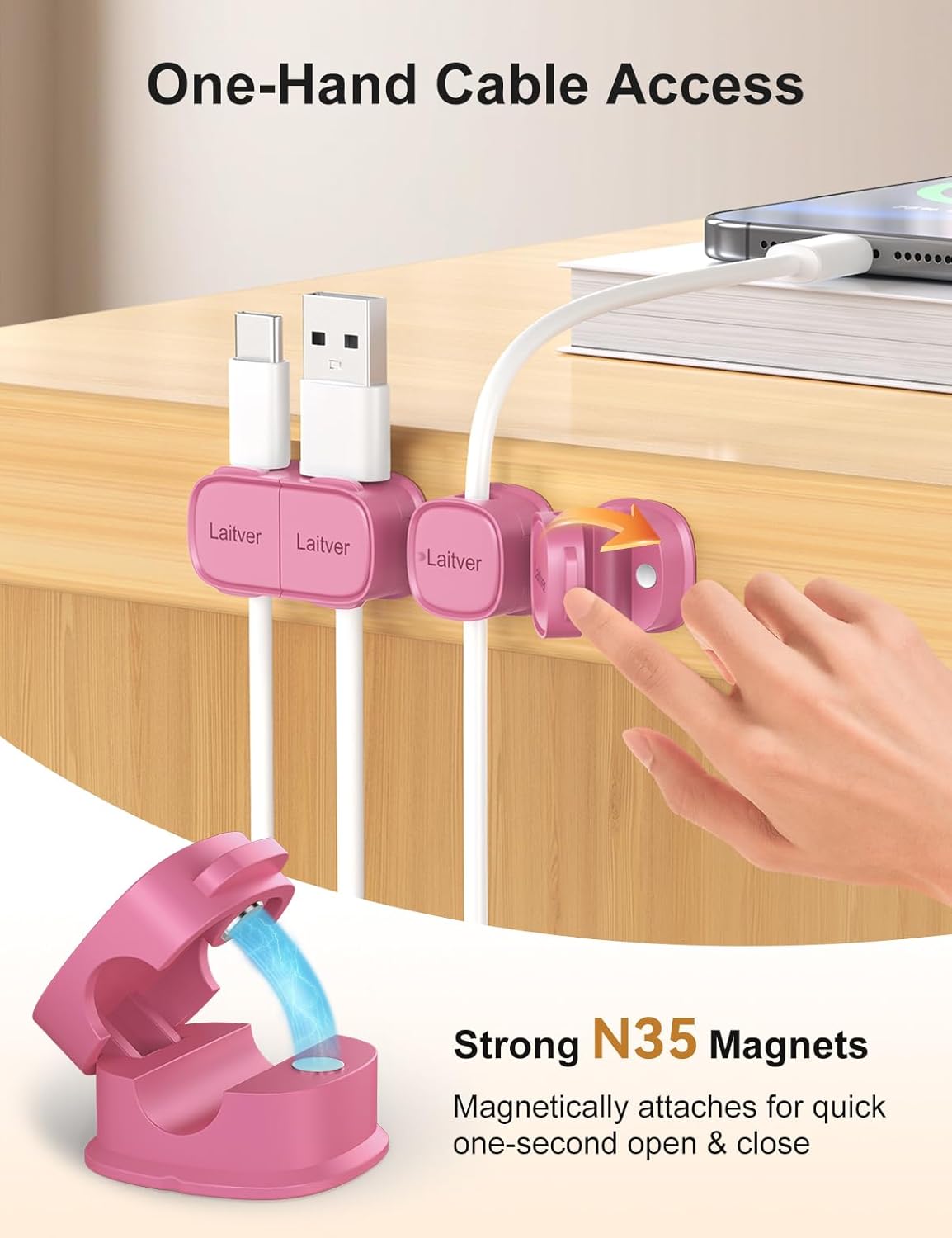 6 Pack Magnetic Cable Clips [1s Open/Lock], Laitver Cord Organizer Holder Strong Adhesive Desk Cable Management- Organize Charging Cords Neatly for Home, Office, Car,Desk, Nightstand