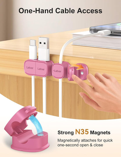 6 Pack Magnetic Cable Clips [1s Open/Lock], Laitver Cord Organizer Holder Strong Adhesive Desk Cable Management- Organize Charging Cords Neatly for Home, Office, Car,Desk, Nightstand