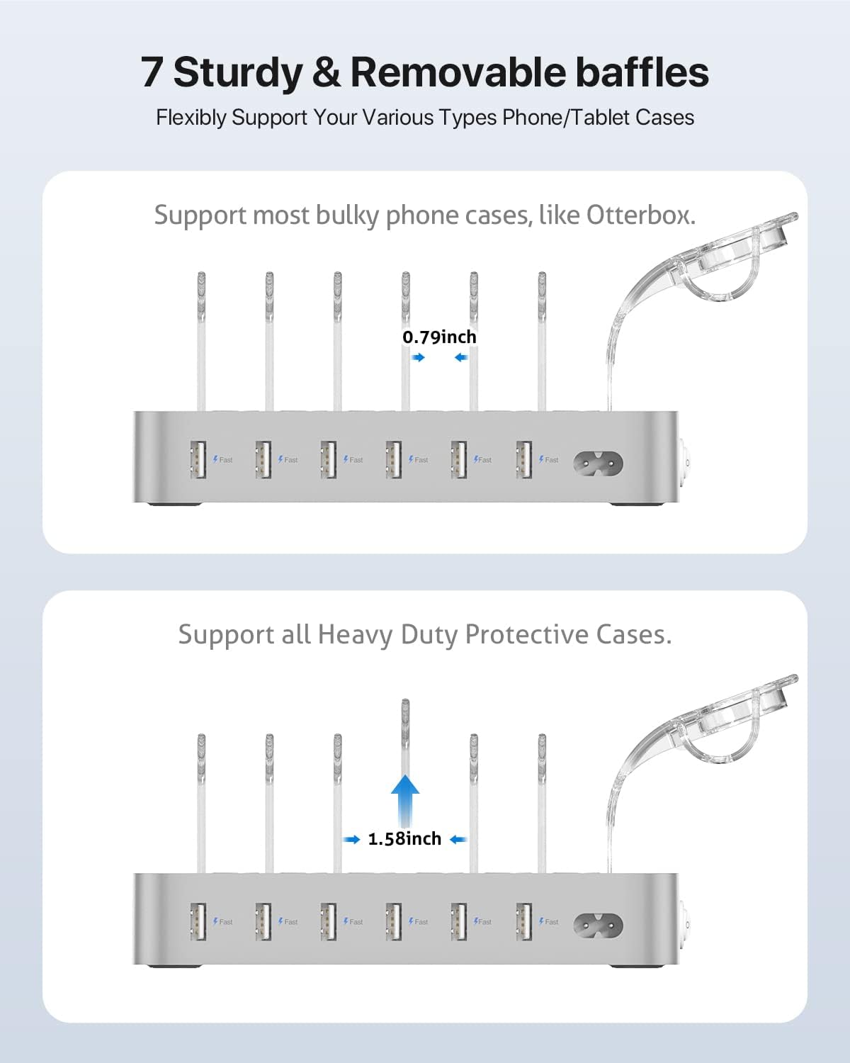 SooPii Premium 6-Port USB Charging Station Organizer for Multiple Devices, 6 Short Charging Cables and One Upgraded i-Watch Charger Holder Included, for Phones, Tablets, and Other Electronics, White