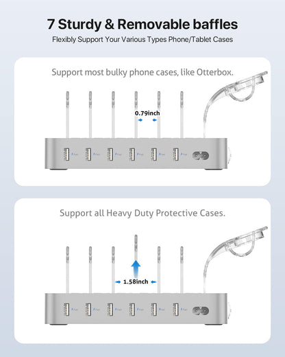 SooPii Premium 6-Port USB Charging Station Organizer for Multiple Devices, 6 Short Charging Cables and One Upgraded i-Watch Charger Holder Included, for Phones, Tablets, and Other Electronics, White