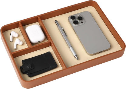Caramel Leather Valet Tray for Men, Vegan Catchall Organizer - Nightstand & Bedside Caddy with 4 Compartments, 11.81"x7.87" Desktop Organizer