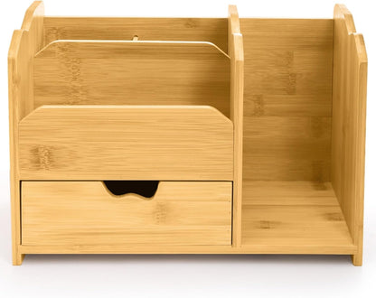 ZAVOOS Bamboo Desk Organizer, Multi Use Tabletop Storage Office Supplies with Drawer Pen Holder, 5 Compartments Heavy Duty Desk Accessories for Home Office Organization, No Assembly Required