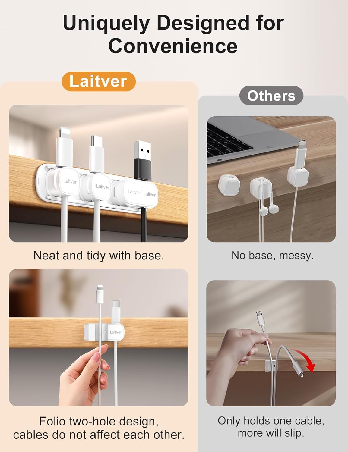 6 Pack Magnetic Cable Clips [1s Open/Lock], Laitver Cord Organizer Holder Strong Adhesive Desk Cable Management- Organize Charging Cords Neatly for Home, Office, Car,Desk, Nightstand
