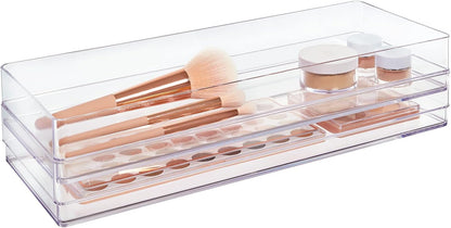 STORi SimpleSort 3-Piece Stackable Clear Drawer Organizer Set | 9" x 6" x 2" Rectangle Trays | Wide Makeup Vanity Storage Bins and Office Desk Drawer Dividers | Made in USA