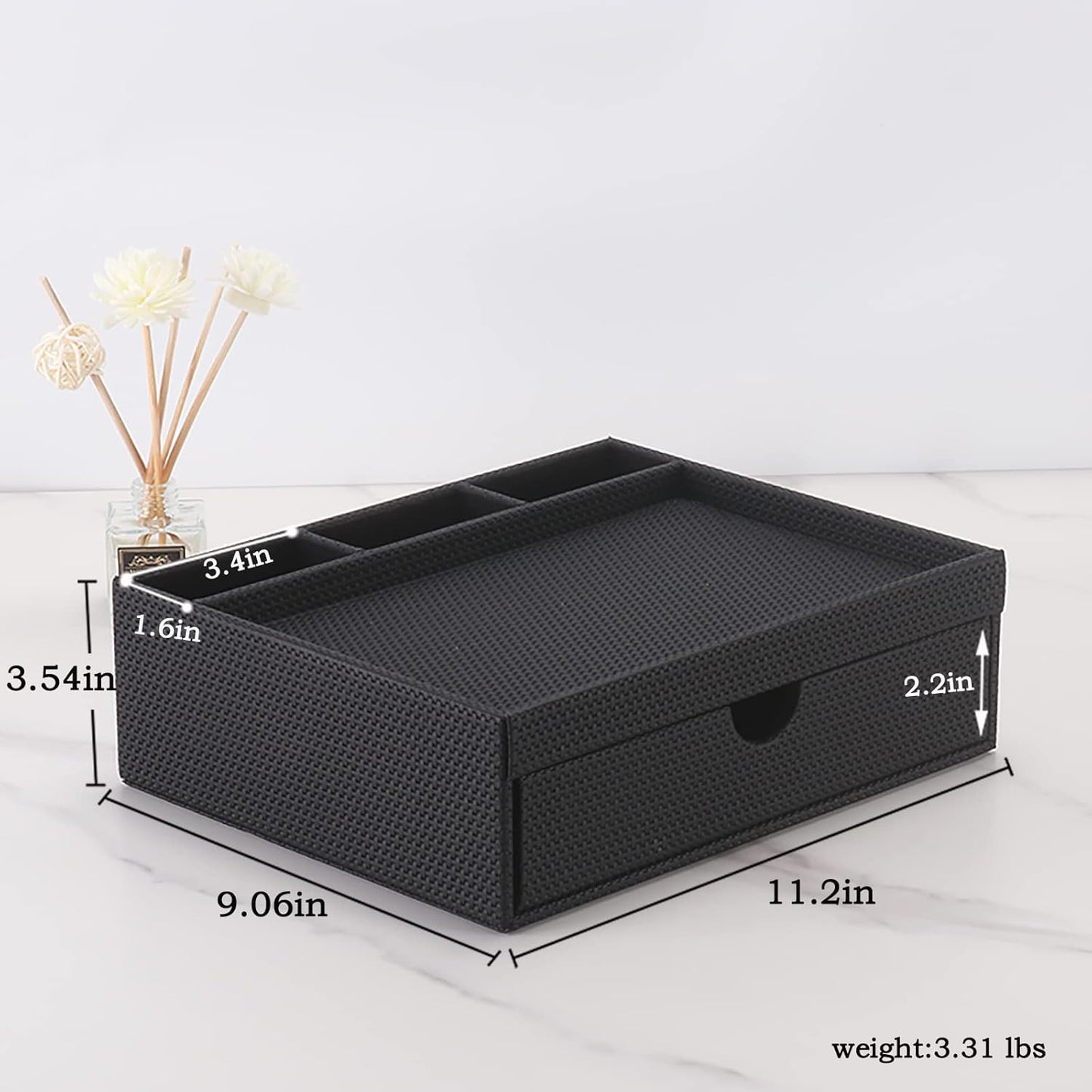 Leather Desk Organizer With Drawers, Home Cosmetics & Phone Remote Organizer, Drawer Plus Divider & Tray (white)