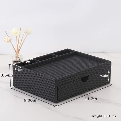 Leather Desk Organizer With Drawers, Home Cosmetics & Phone Remote Organizer, Drawer Plus Divider & Tray (white)