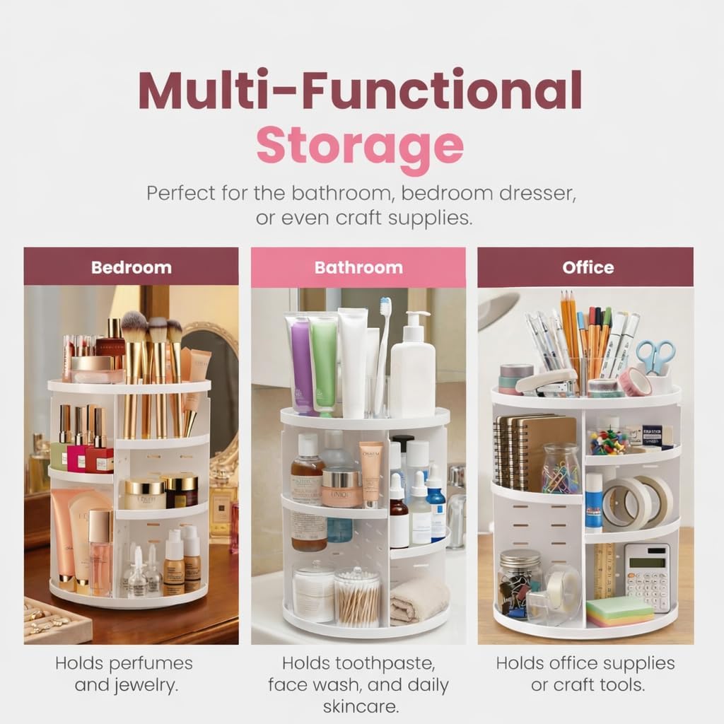 Masirs Small 360 Rotating Makeup Organizer - Mini Yet Spacious Cosmetic Storage Solution with Multiple Compartments - The Perfect Spinning Make-Up Caddy for Vanity or Bathroom Counter (Round - Clear)