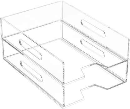 HIIMIEI Acrylic Paper Tray 2 Pack Clear Letter Tray Desk Stackable Organizer for School, Home, Office - Horizontal