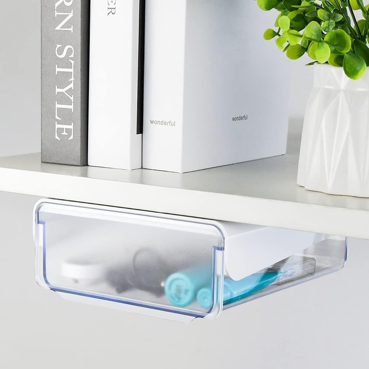 yuntop 1 Pcs Under Desk Drawer, Under Table Hidden Organizer, Plastic Self-adhesive Slide out Under Desk Storage Drawer for Office Dresser Home School Stationery Kitchen (Black)