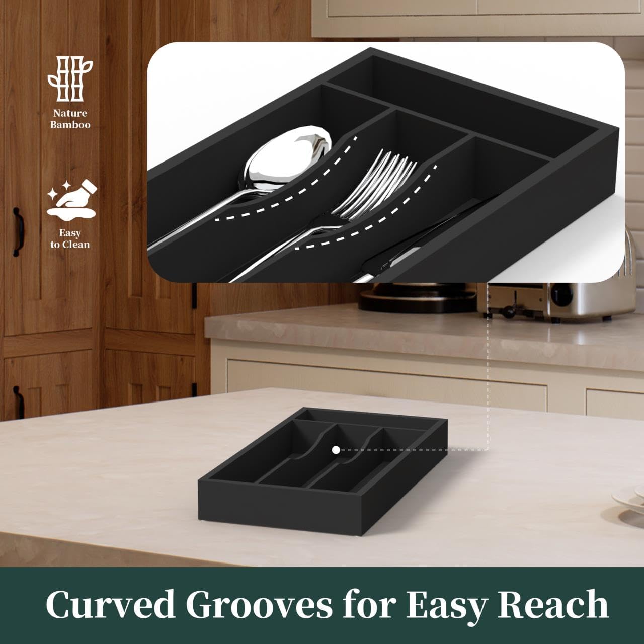 Small Silverware Organizer, Bamboo Kitchen Drawer Organizer, Utensil Holder, Cutlery Tray & Spoon Flatware Storage with Grooved Drawer Dividers (6.7''W x 12''D)