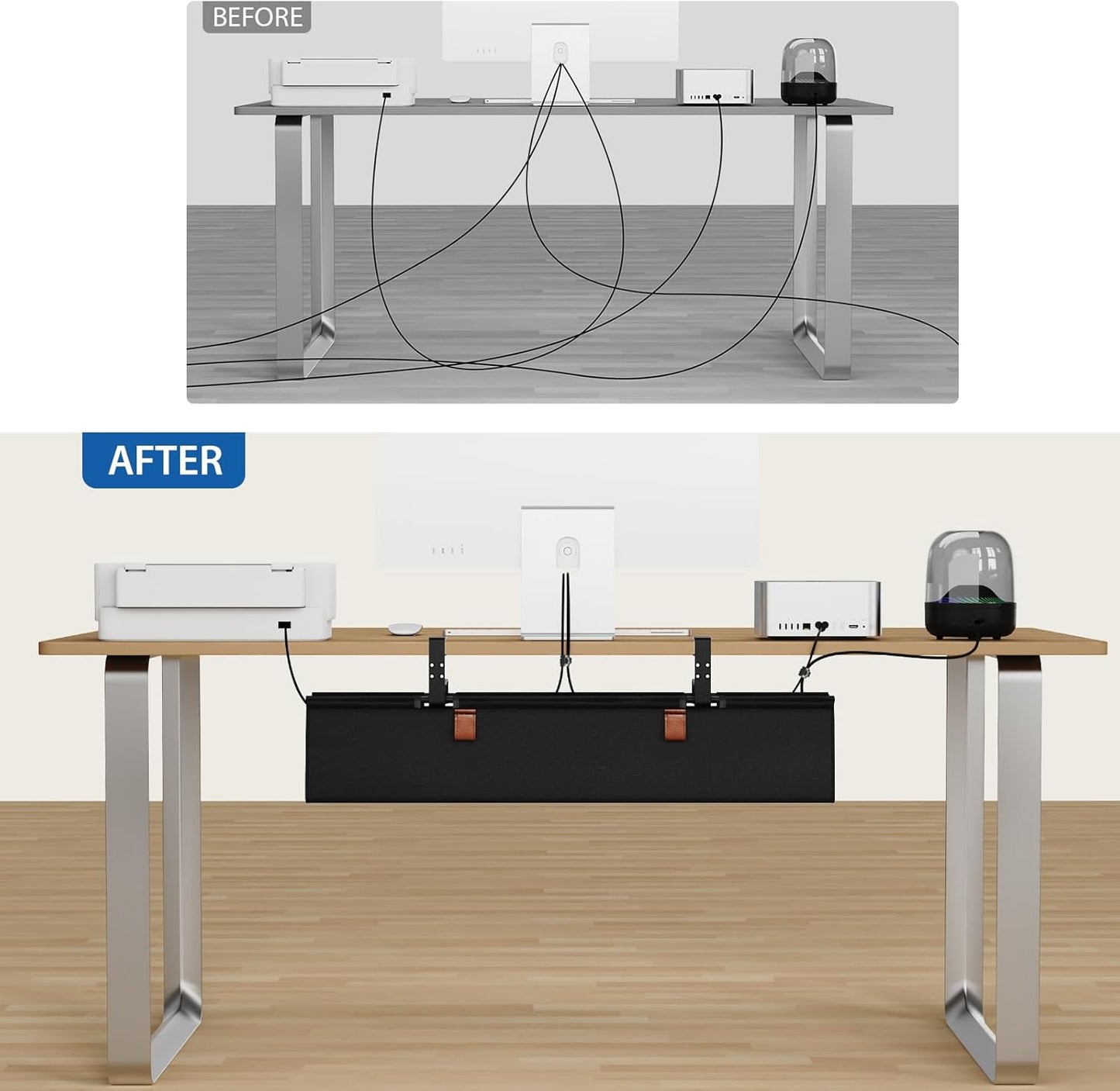 Zilink No Drill Under Desk Cable Management Tray 30" Cord Organizer for Table Clamp/Screw Mount Desk Cable Management Sturdy Waterproof Fabric Cord Hiders for Office, Home