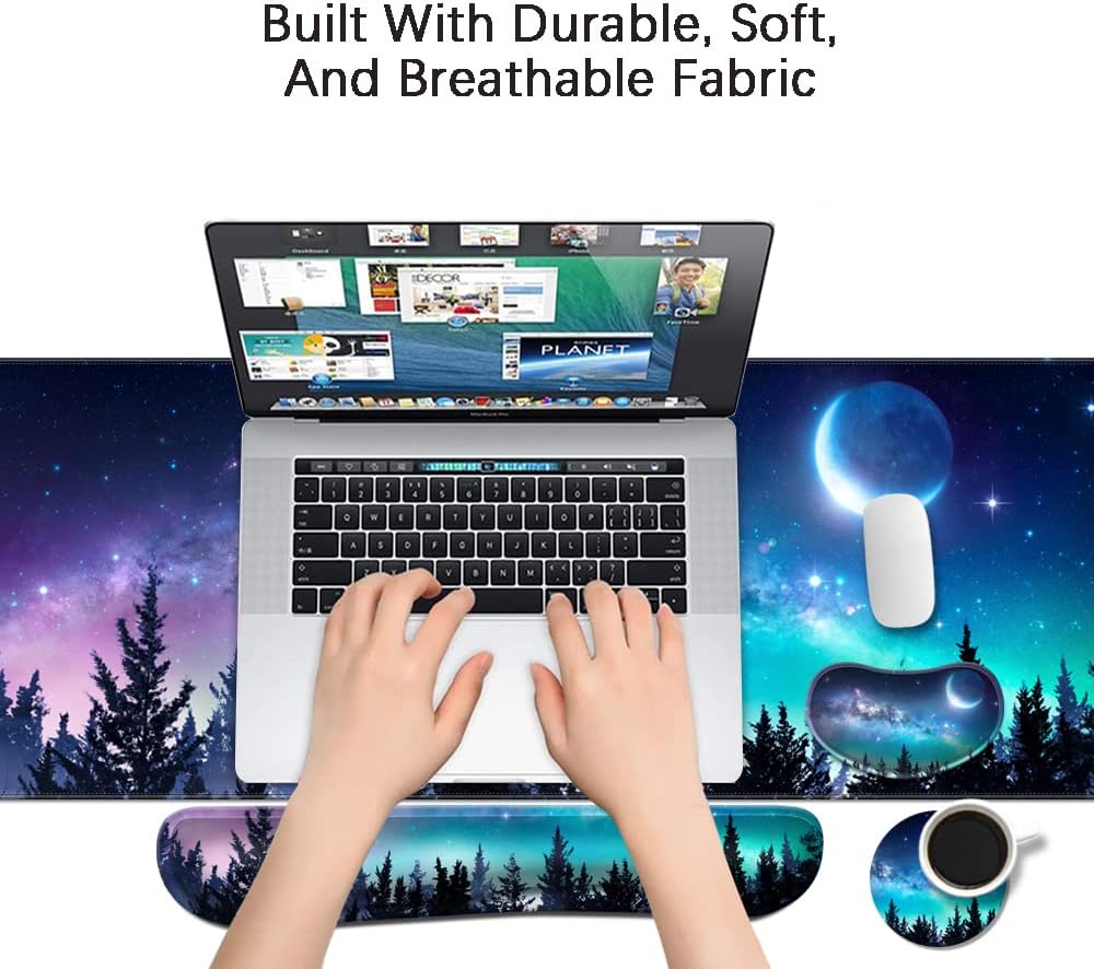 MIBITRI Keyboard Mouse Pad Set, Extended Gaming Mouse Pad+Ergonomics Keyboard Wrist Rest Support, Memory Foam, Easy Typing Pain Relief, 4Pcs XXL Ultra Thick Desk Mat, Enchanted Bookshelf