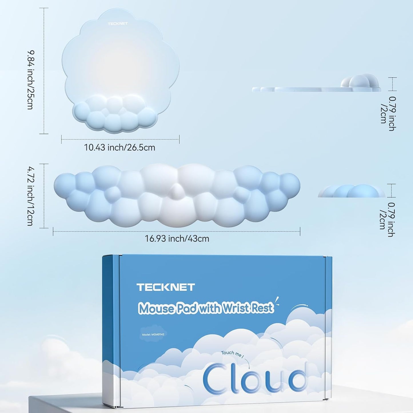TECKNET Cloud Mouse Pad with Wrist Rest, Ergonomic Cloud Wrist Rest with Non-Slip Base, PU Leather Memory Foam Mouse Pad Wrist Support for Keyboard and Mouse, Pain Relief for Typing, Gaming, White