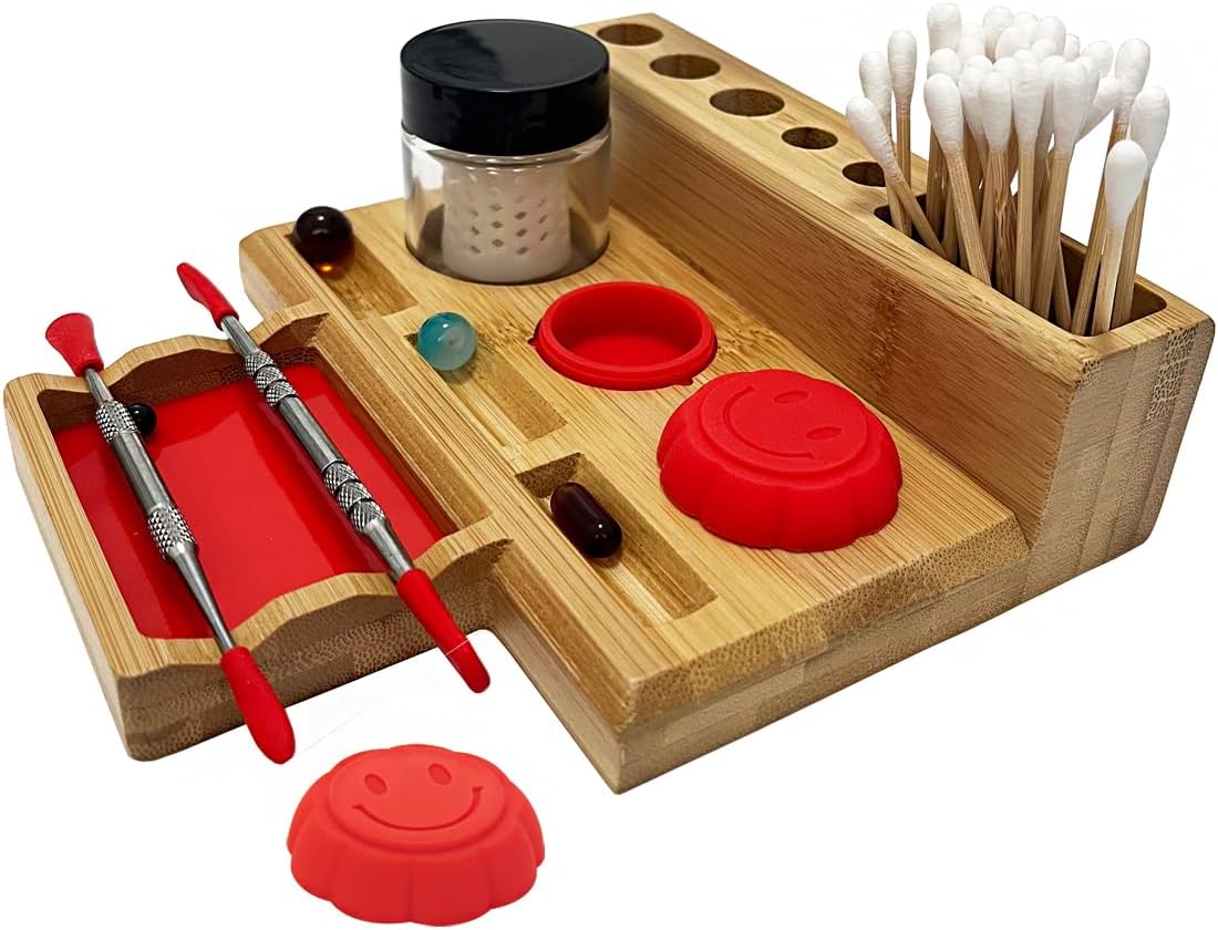 Bamboo Desk Organizer,Carving Tool Organizer with Non-sticky Mat and Silicone Container (21 x 16 x 4.5cm)