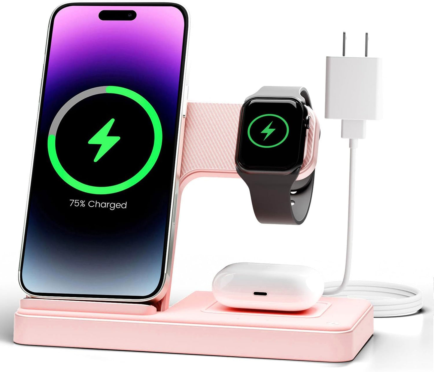 Wireless Charger Stand Charging Station: 3 in 1 Charger Stand Multiple Devices for Apple - iPhone 17 16e 16 15 14 Pro Max 13 12 - Watch 11 10 9 8 7 6 5 4 3 2 SE and Ultra Series-Airpods 4 3 Pro, Pink