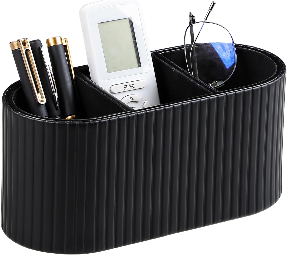 Oval Pen Holder for Desk, Remote Control Holder with 3 Compartments, PU Leather Small Desk Organizer Remote Caddy, Aesthetic Pencil Holder Desk Accessories for Home Office (Ivory)