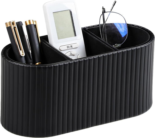 Oval Pen Holder for Desk, Remote Control Holder with 3 Compartments, PU Leather Small Desk Organizer Remote Caddy, Aesthetic Pencil Holder Desk Accessories for Home Office (Ivory)