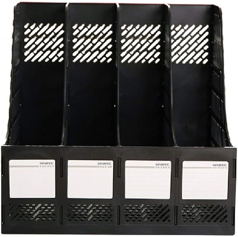 SAYEEC Desktop Magazine Holder Desk File Organizer 4 Compartments Vertical File Dividers Book Holder Frames Document Cabinet Rack Storage Organizer Box for Home Office School Black