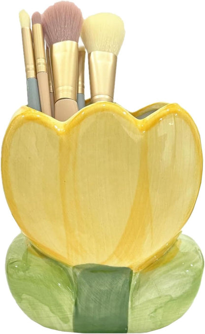 1 PC Flower Makeup Storage Box Ceramic Blossom Five Petals Pen Holder Pen Holder Desktop Storage Box (Blue)