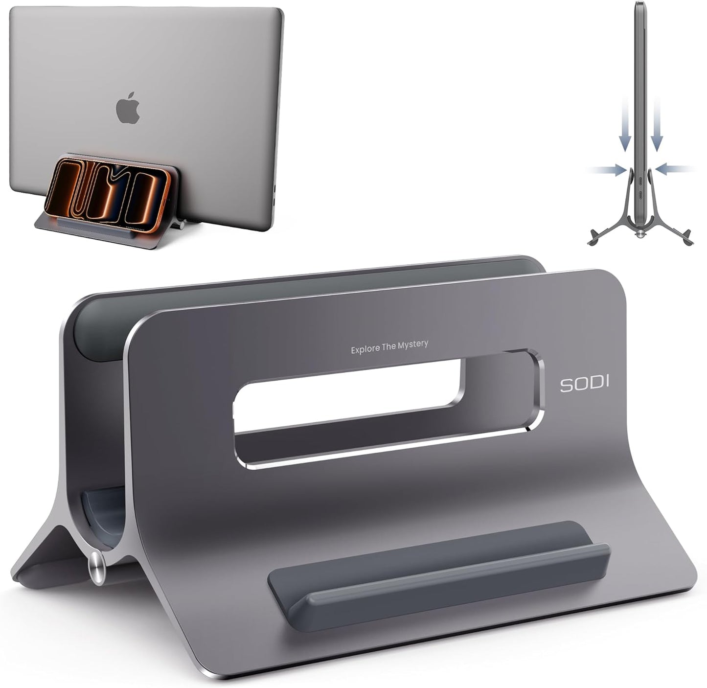 SODI Vertical Laptop Stand for Desk, Gravity Auto Lock MacBook Stand, Aluminum Laptop Holder Vertical Compatible with MacBook Pro, Air, Tablet, Space-Saving Organize Work & Home Office, Gray