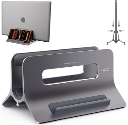 SODI Vertical Laptop Stand for Desk, Gravity Auto Lock MacBook Stand, Aluminum Laptop Holder Vertical Compatible with MacBook Pro, Air, Tablet, Space-Saving Organize Work & Home Office, Gray
