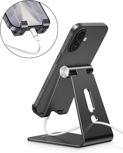 Adjustable Cell Phone Stand, OMOTON Aluminum Desktop Cellphone Stand with Anti-Slip Base and Convenient Charging Port, Fits All Smart Phones, Silver