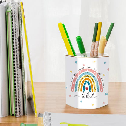 WAVEYU Ceramic Pen Holder for Desk Cute, Pencil Cup Pot Desk Organizer, Makeup Brush Holder for Women, Men, Kids, Desk Marble Decor for Office, Classroom, Home, Gray Golden