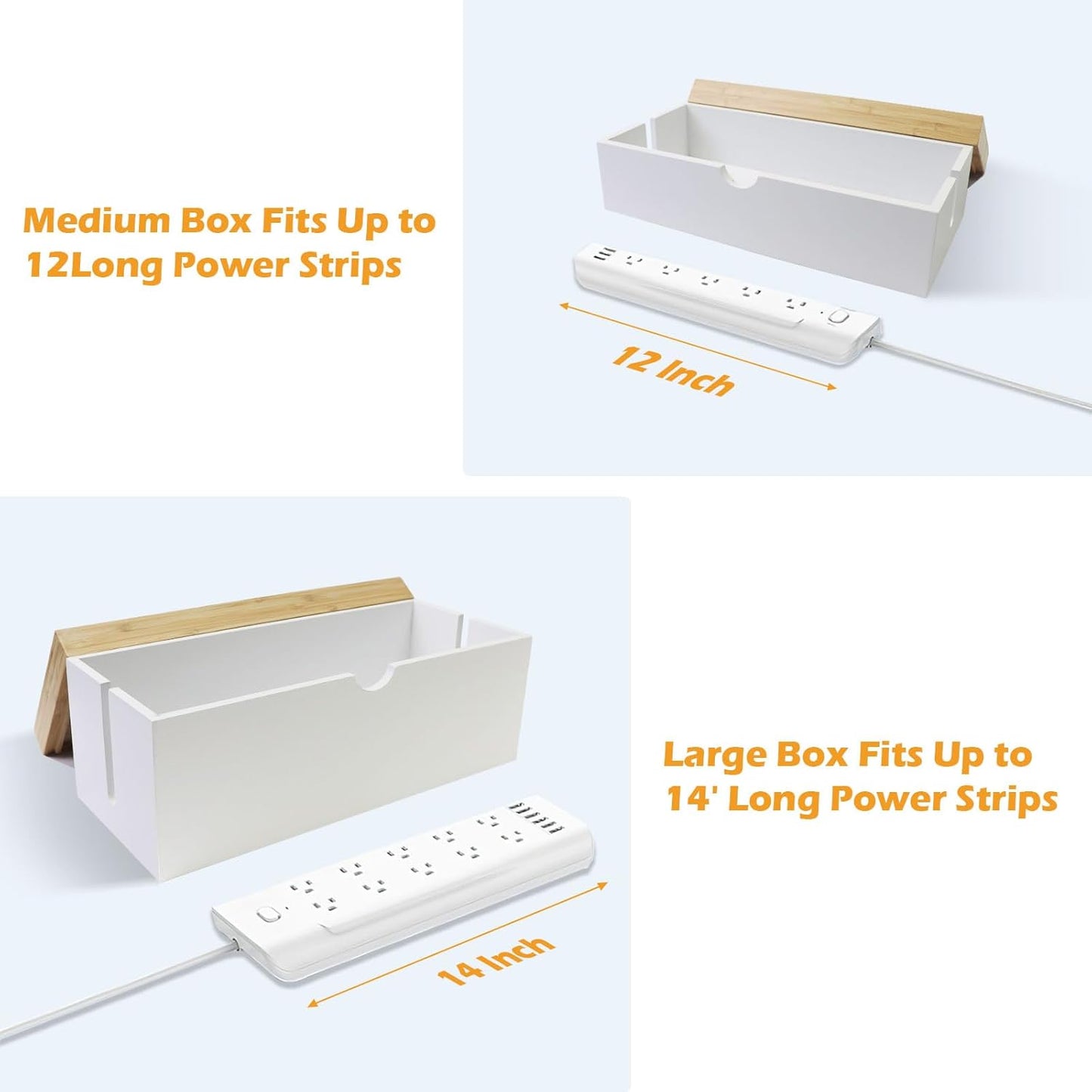 Bamboo Cable Management Box, Large Cord Organizer Box Cable Box to Hide Wires & Power Strips for Desktop Storage Cord Holder for Office Home,No Assembley Required (All White, Large)